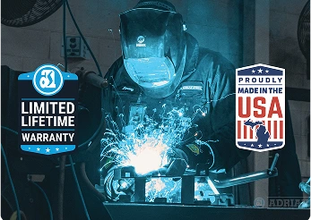 A worker welding with Made in the USA and limited lifetime warranty badges on display