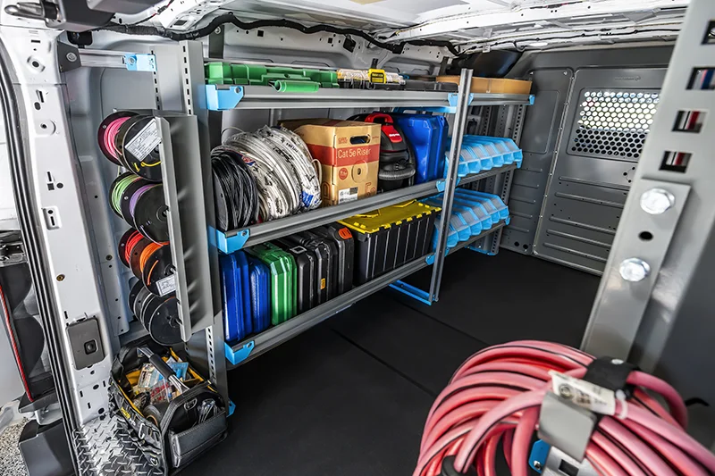 A van equipped with well-organized electrical equipment