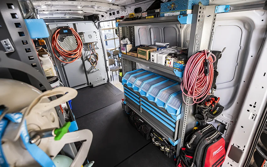 A van equipped with well-organized HVAC equipment